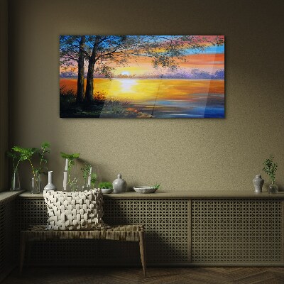 Schilderij op glas Zonsondergang over het meer