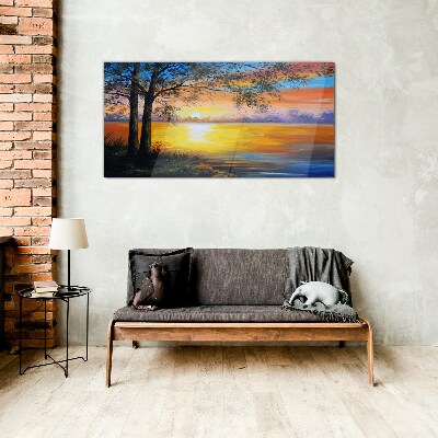 Schilderij op glas Zonsondergang over het meer