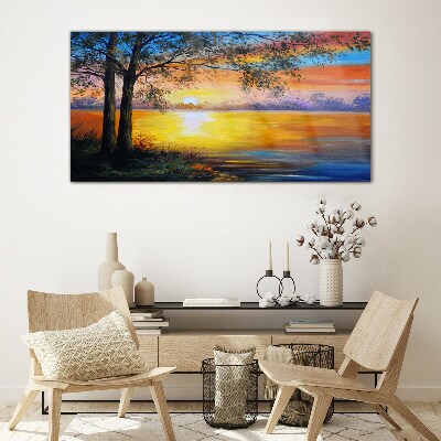 Schilderij op glas Zonsondergang over het meer