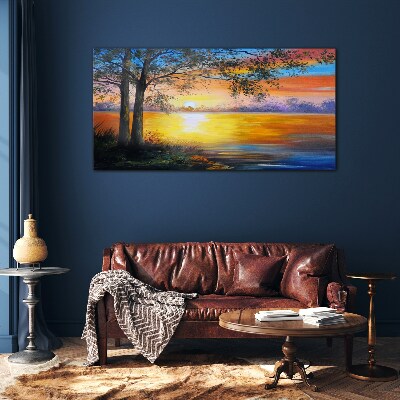 Schilderij op glas Zonsondergang over het meer