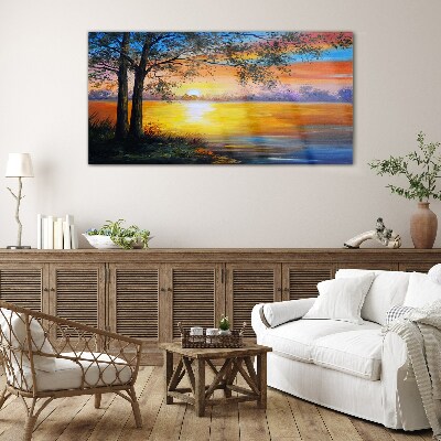 Schilderij op glas Zonsondergang over het meer