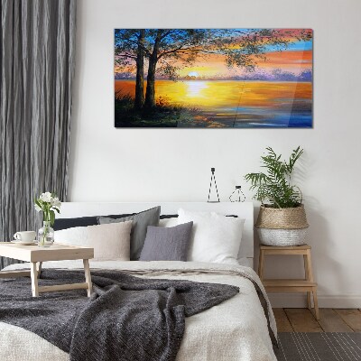 Schilderij op glas Zonsondergang over het meer