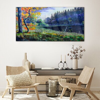 Foto op glas Herfstlandschap aan het meer