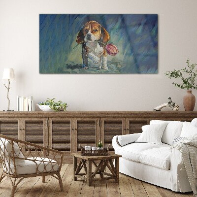 Glas foto Een hond met een roos tegen de lucht