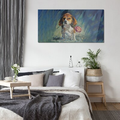 Glas foto Een hond met een roos tegen de lucht