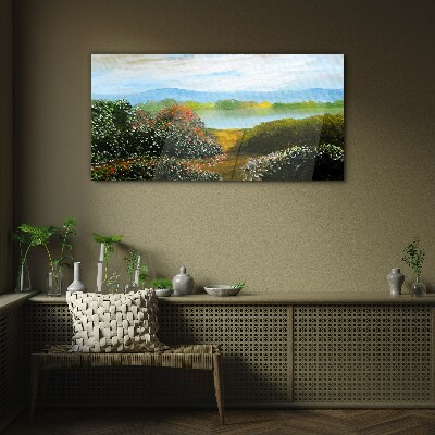 Foto op glas Landschap met bloeiende struiken