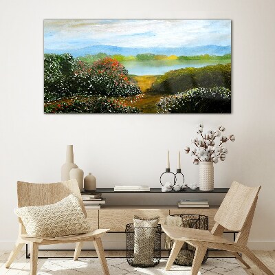 Foto op glas Landschap met bloeiende struiken