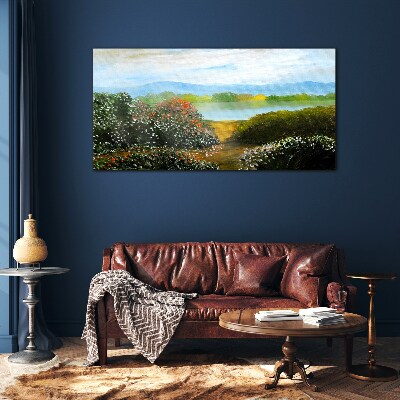 Foto op glas Landschap met bloeiende struiken