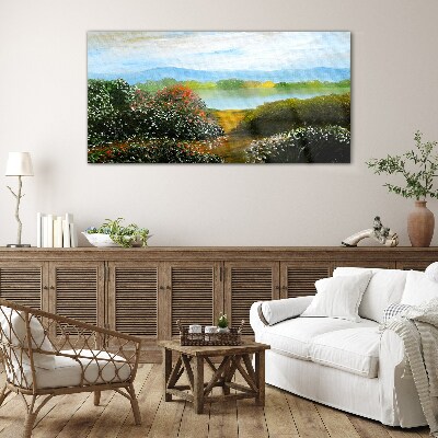 Foto op glas Landschap met bloeiende struiken