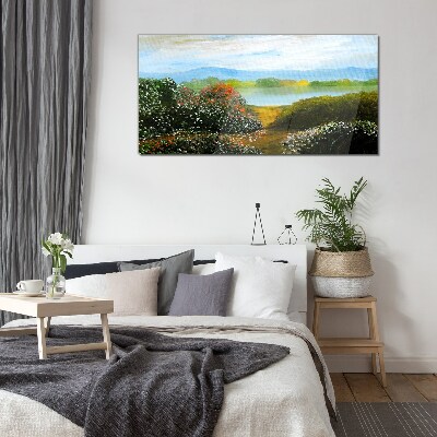 Foto op glas Landschap met bloeiende struiken