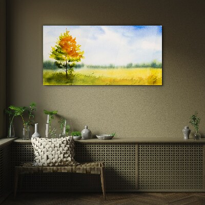 Schilderij op glas Gouden herfst tegen de achtergrond van een weide