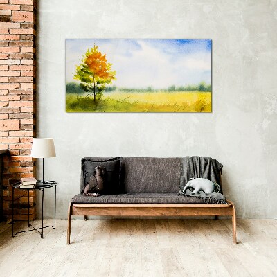 Schilderij op glas Gouden herfst tegen de achtergrond van een weide