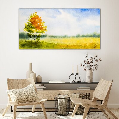 Schilderij op glas Gouden herfst tegen de achtergrond van een weide