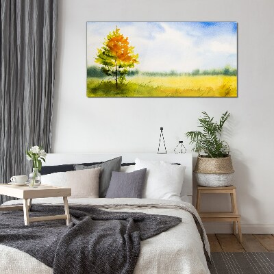 Schilderij op glas Gouden herfst tegen de achtergrond van een weide