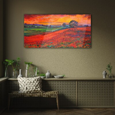 Glas foto Zonsondergang over het rode veld