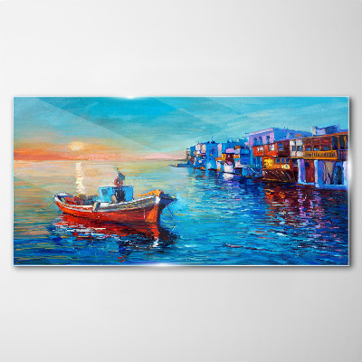 Schilderij op glas Een rustige haven in de ondergaande zon