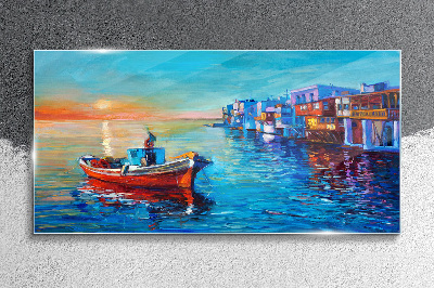 Schilderij op glas Een rustige haven in de ondergaande zon