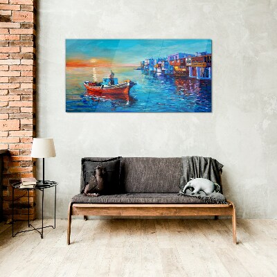 Schilderij op glas Een rustige haven in de ondergaande zon