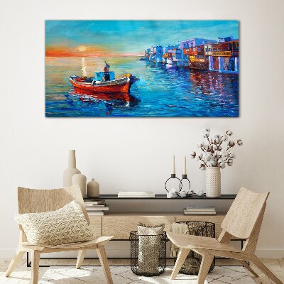 Schilderij op glas Een rustige haven in de ondergaande zon