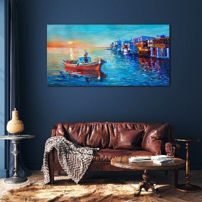 Schilderij op glas Een rustige haven in de ondergaande zon