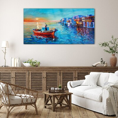 Schilderij op glas Een rustige haven in de ondergaande zon