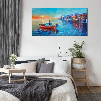 Schilderij op glas Een rustige haven in de ondergaande zon