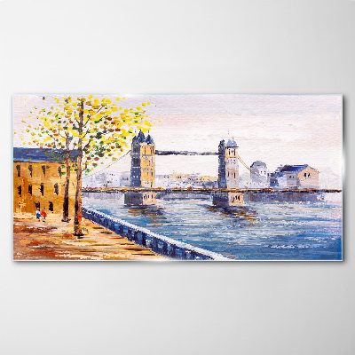 Schilderij op glas London Bridge met herfstbomen