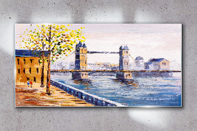 Schilderij op glas London Bridge met herfstbomen