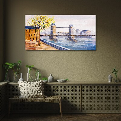 Schilderij op glas London Bridge met herfstbomen