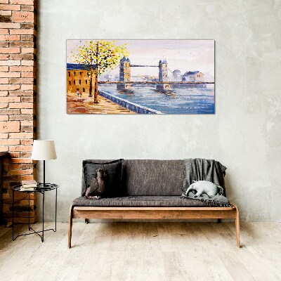 Schilderij op glas London Bridge met herfstbomen