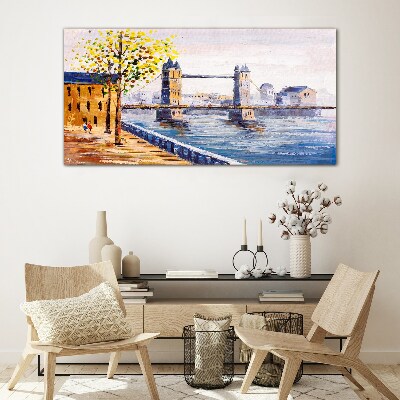 Schilderij op glas London Bridge met herfstbomen