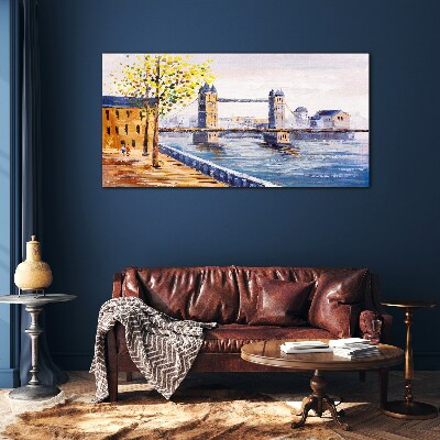 Schilderij op glas London Bridge met herfstbomen