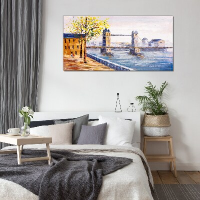 Schilderij op glas London Bridge met herfstbomen