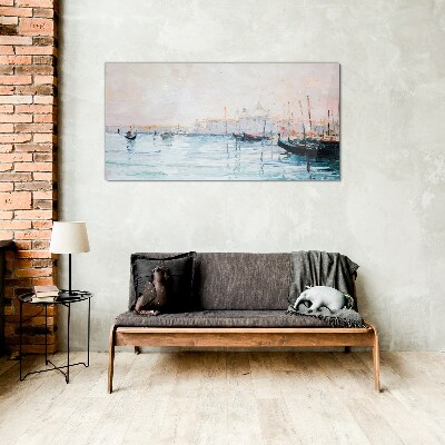 Glas foto Een rustige haven in de ochtend