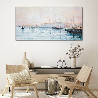 Glas foto Een rustige haven in de ochtend