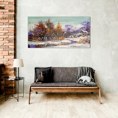 Glas foto Winterlandschap met een huis in het bos