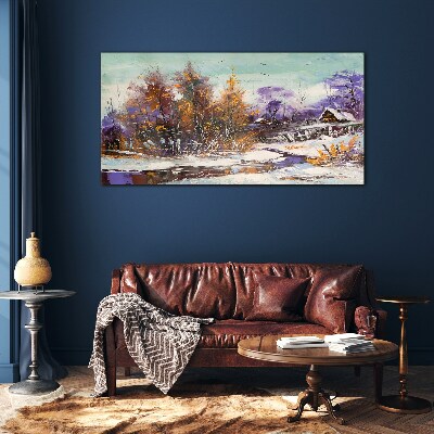 Glas foto Winterlandschap met een huis in het bos