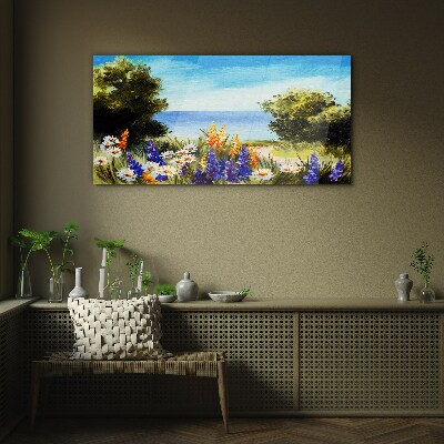 Glas foto Landschap met bloemen aan zee