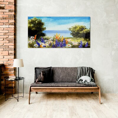 Glas foto Landschap met bloemen aan zee