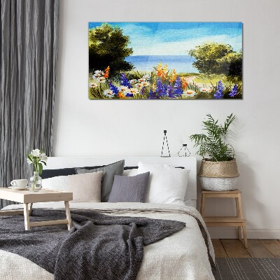 Glas foto Landschap met bloemen aan zee