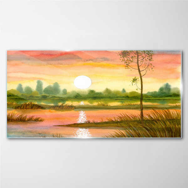 Schilderij op glas Zonsondergang boven een kalme rivier