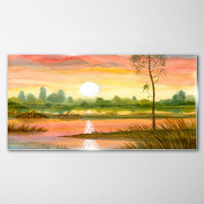 Schilderij op glas Zonsondergang boven een kalme rivier