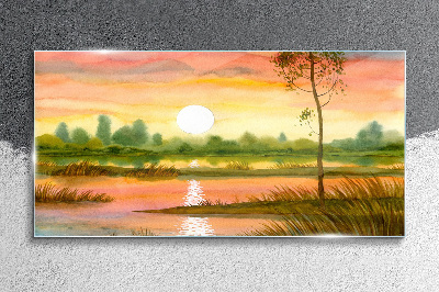 Schilderij op glas Zonsondergang boven een kalme rivier