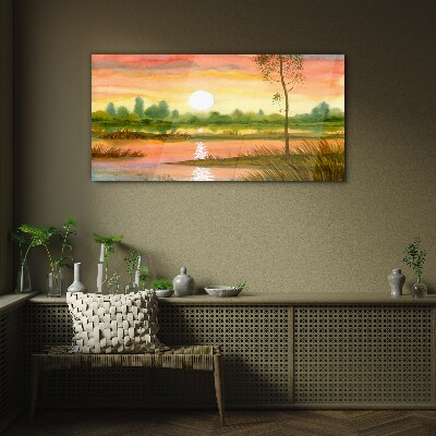 Schilderij op glas Zonsondergang boven een kalme rivier