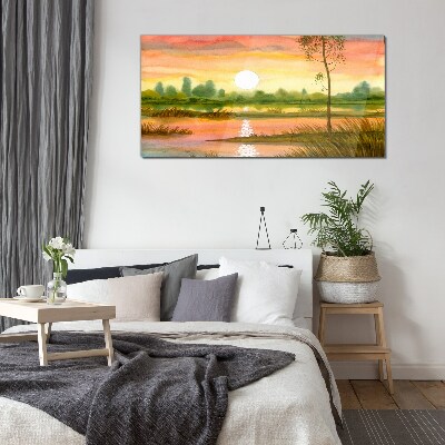 Schilderij op glas Zonsondergang boven een kalme rivier