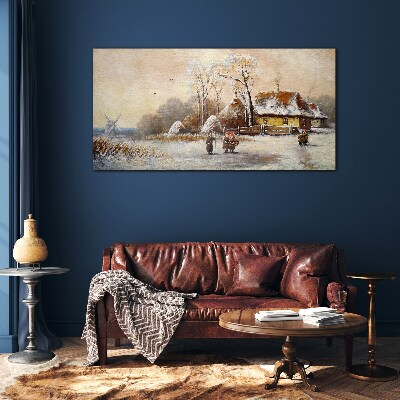 Foto op glas Winterlandschap met een huisje en de wind