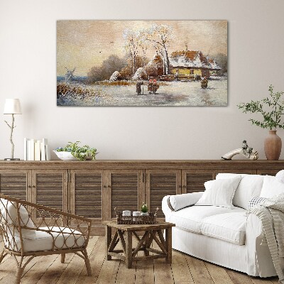 Foto op glas Winterlandschap met een huisje en de wind