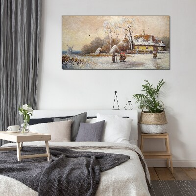 Foto op glas Winterlandschap met een huisje en de wind