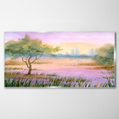 Glas foto Ochtendlandschap met een boom