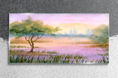 Glas foto Ochtendlandschap met een boom